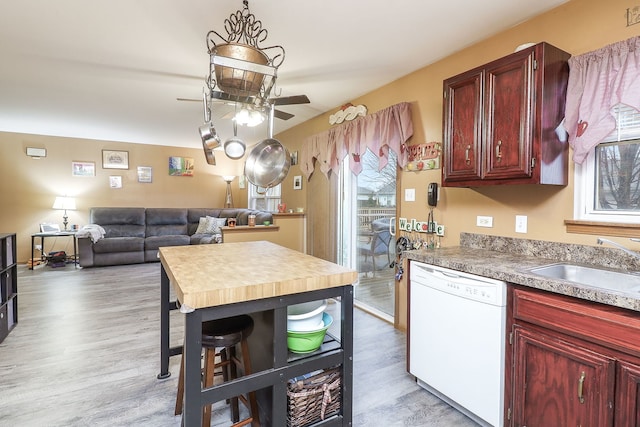 kitchen featuring white dishwasher, light hardwood / wood-style flooring, ceiling fan, and sink