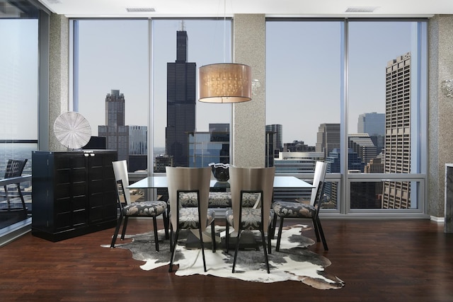 dining room featuring expansive windows, a city view, and wood finished floors