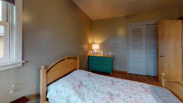 bedroom featuring vaulted ceiling, wood-type flooring, and a closet