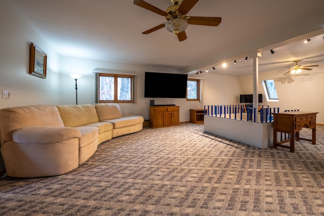 living room with carpet and ceiling fan