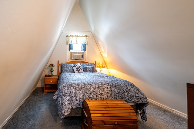 carpeted bedroom with cooling unit and lofted ceiling