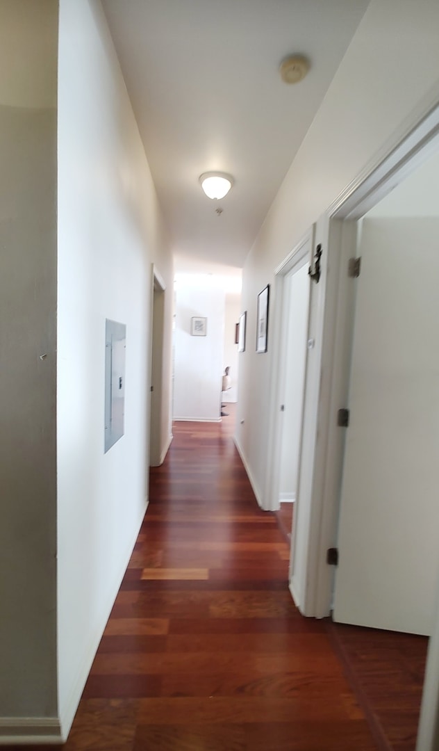 hallway with dark hardwood / wood-style flooring and electric panel