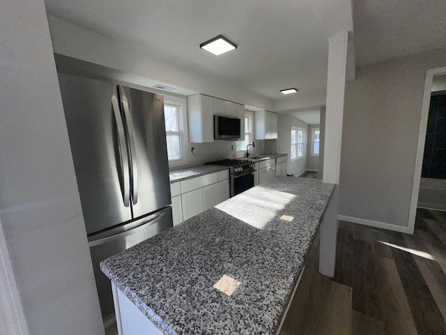 kitchen with stone counters, white cabinets, dark hardwood / wood-style floors, and appliances with stainless steel finishes