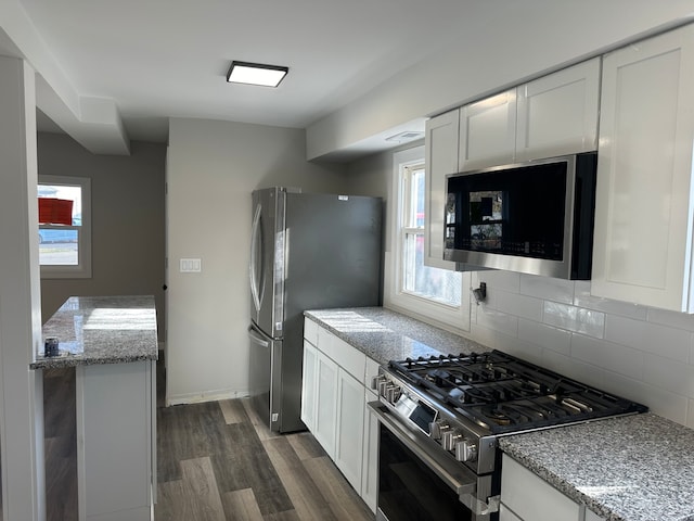 kitchen with stainless steel appliances, light stone counters, dark hardwood / wood-style floors, and a healthy amount of sunlight