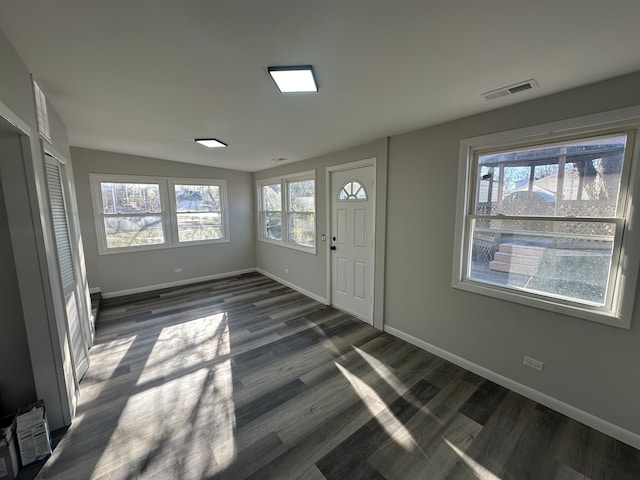 entrance foyer featuring dark hardwood / wood-style floors and lofted ceiling