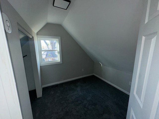 additional living space with dark colored carpet and lofted ceiling