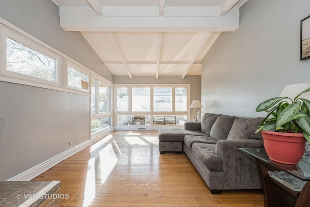 living room featuring lofted ceiling with beams and light hardwood / wood-style floors