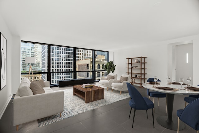 living room with floor to ceiling windows