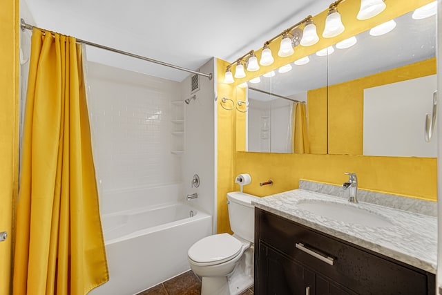 full bathroom with toilet, vanity, tile patterned flooring, and shower / tub combo with curtain