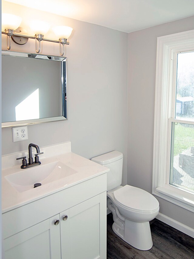 bathroom featuring hardwood / wood-style flooring, vanity, and toilet