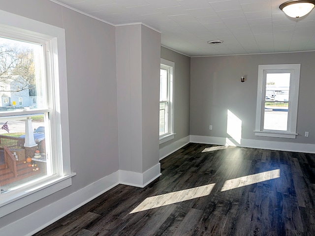 spare room featuring plenty of natural light, dark hardwood / wood-style floors, and crown molding