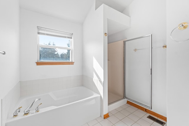 full bath featuring visible vents, a garden tub, a shower stall, and tile patterned floors