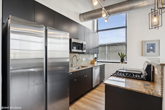 kitchen with stone counters, light wood-style flooring, a sink, appliances with stainless steel finishes, and backsplash