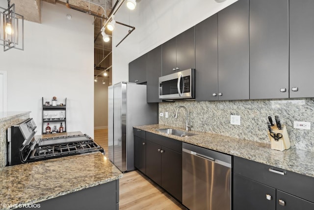 kitchen with light wood finished floors, stainless steel appliances, decorative backsplash, a sink, and light stone countertops