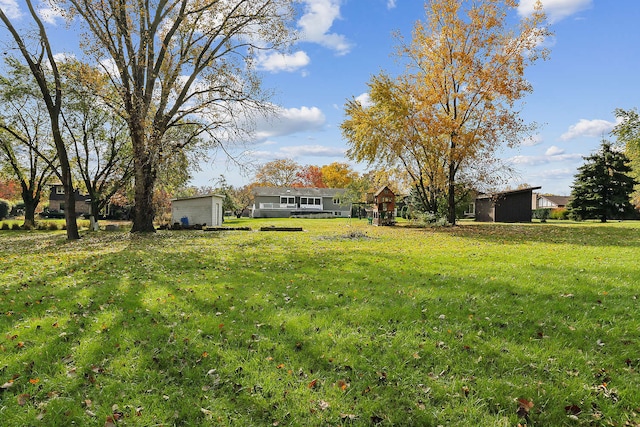 view of yard with a storage shed