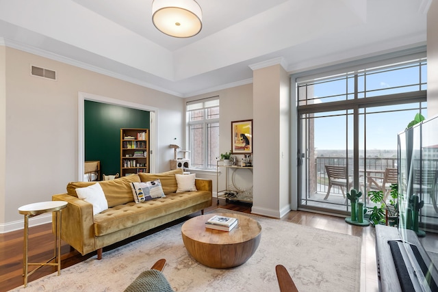 living room with a tray ceiling, crown molding, and light wood-type flooring