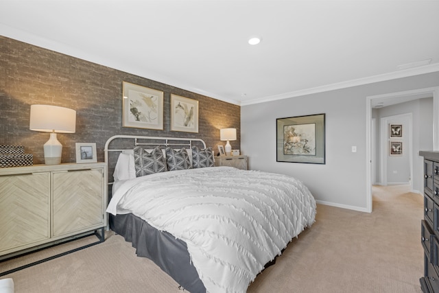 carpeted bedroom featuring crown molding