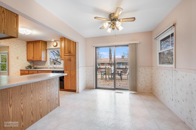 kitchen with sink, gas stove, black dishwasher, and ceiling fan