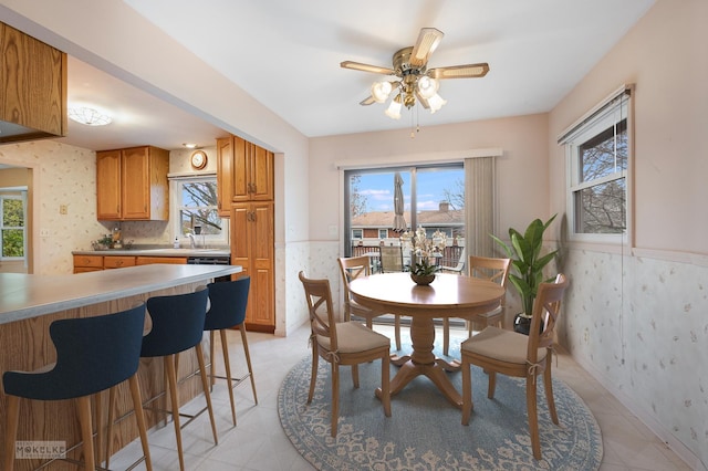 dining room with a wealth of natural light and ceiling fan