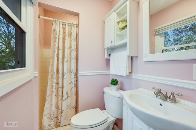 bathroom with vanity, toilet, and a shower with curtain