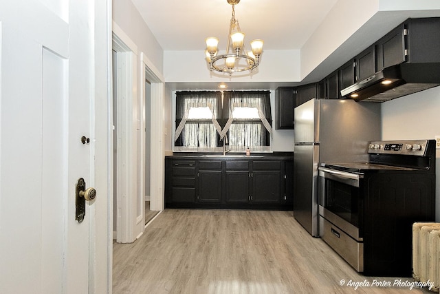 kitchen featuring radiator, sink, electric range, a notable chandelier, and light hardwood / wood-style floors