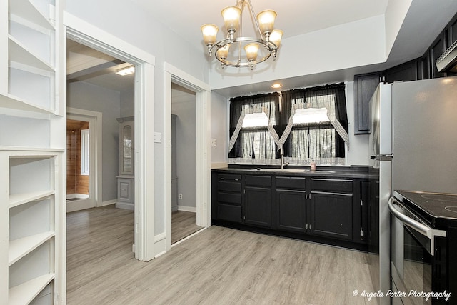 kitchen with light hardwood / wood-style flooring, a chandelier, stainless steel electric range, and sink