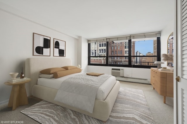 bedroom featuring light colored carpet and a baseboard radiator