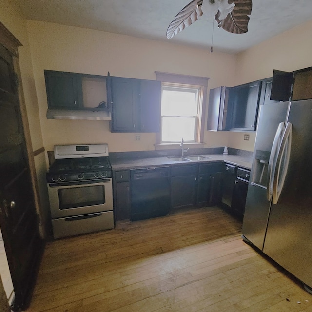 kitchen featuring ceiling fan, light hardwood / wood-style floors, sink, and appliances with stainless steel finishes