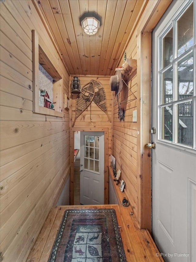 doorway to outside with wood walls, wood-type flooring, and wood ceiling