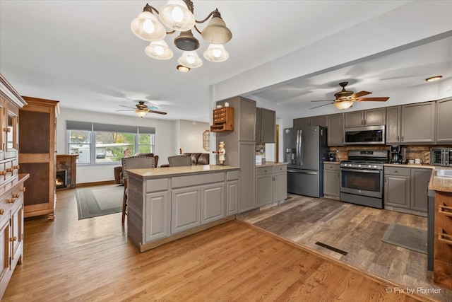 kitchen featuring appliances with stainless steel finishes, light wood-type flooring, tasteful backsplash, and gray cabinetry