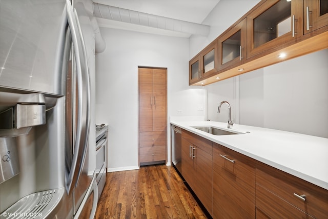 kitchen with sink, stainless steel appliances, and dark wood-type flooring