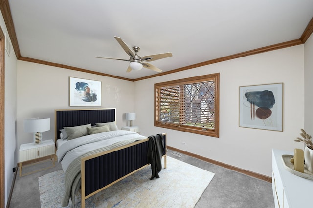 bedroom featuring carpet, ceiling fan, and ornamental molding