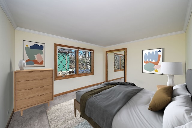 carpeted bedroom with ornamental molding