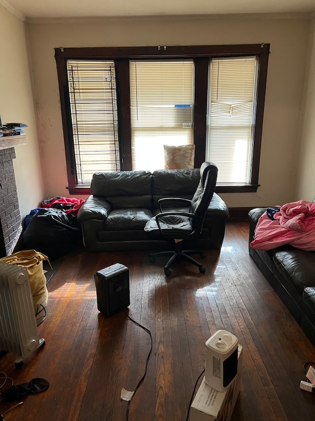 living room with ornamental molding, dark hardwood / wood-style flooring, and a healthy amount of sunlight