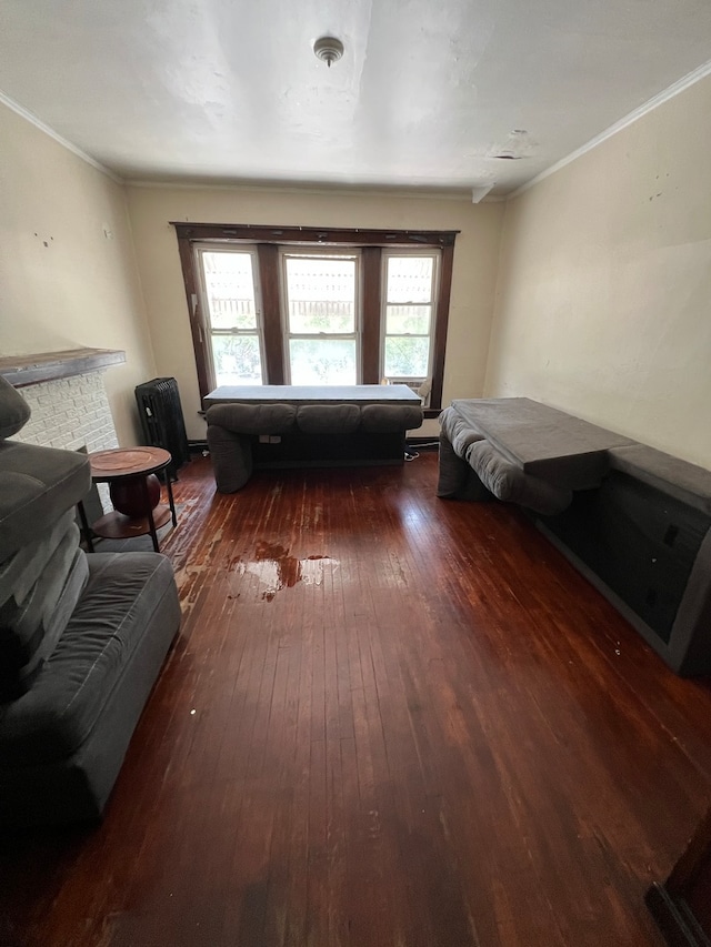 interior space with crown molding and dark hardwood / wood-style flooring