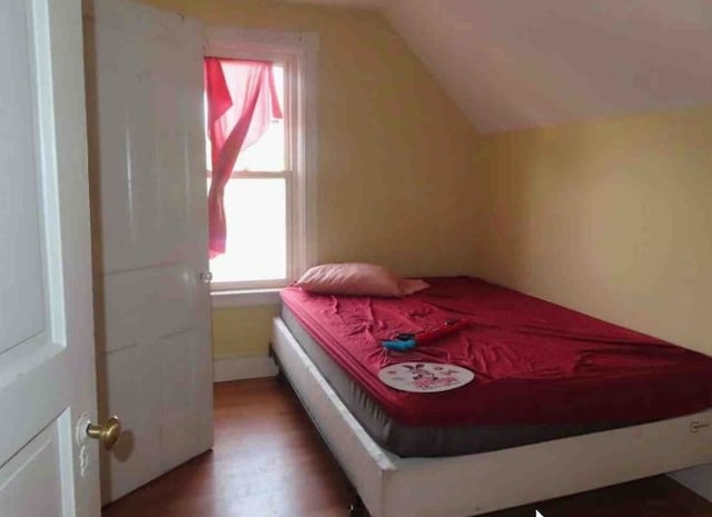 bedroom with hardwood / wood-style flooring and vaulted ceiling