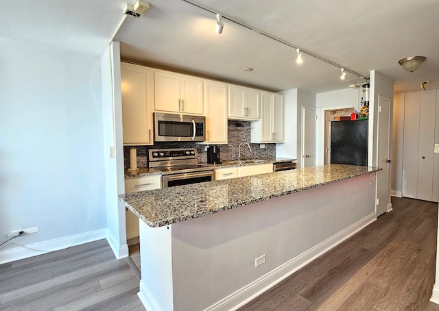 kitchen featuring light stone countertops, stainless steel appliances, and wood-type flooring