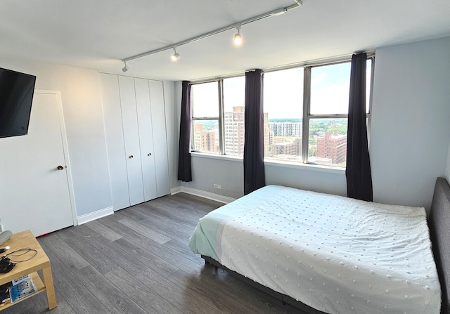 bedroom with track lighting and dark hardwood / wood-style floors