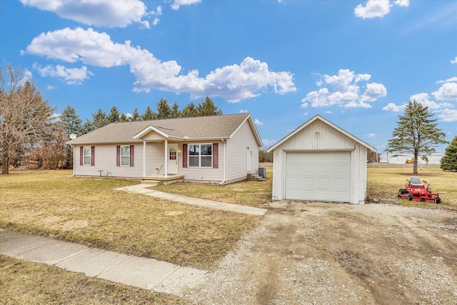 single story home featuring an outbuilding, central AC, a front lawn, a garage, and dirt driveway