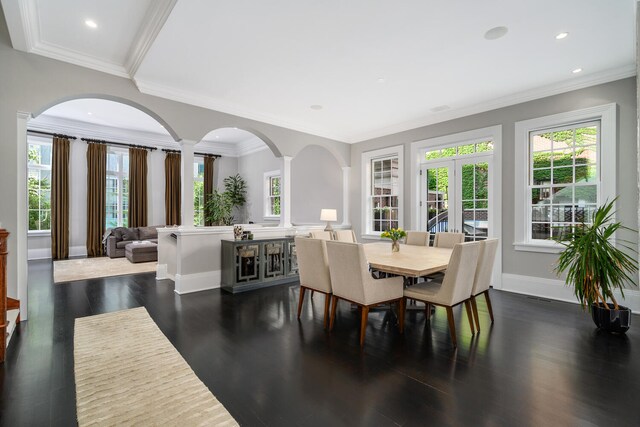 460 W Huron St, Chicago, IL 60654 - dining area with healthy amount of natural light, dark wood finished floors, baseboards, decorative columns, and ornamental molding