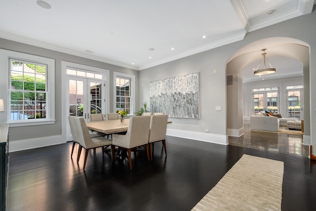 dining room with dark hardwood / wood-style floors, ornamental molding, and french doors