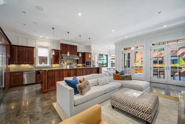 460 W Huron St, Chicago, IL 60654 - living room with french doors, ornamental molding, and recessed lighting