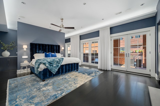 bedroom with access to exterior, french doors, multiple windows, and ceiling fan
