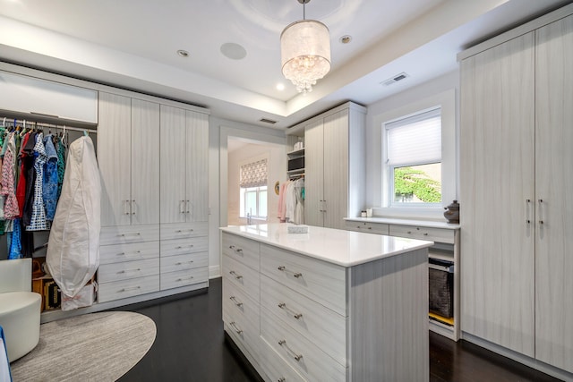 spacious closet with dark hardwood / wood-style flooring, a tray ceiling, and an inviting chandelier