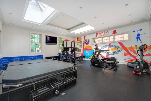 workout area with a skylight and crown molding