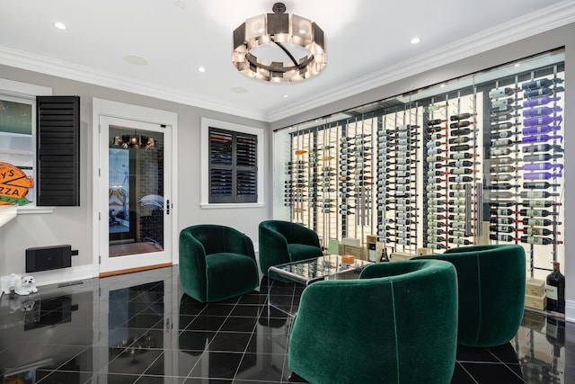 wine cellar with dark tile patterned floors and crown molding