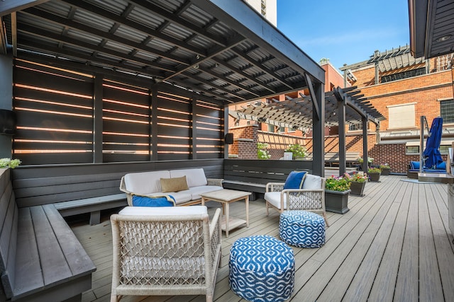 deck with a pergola and an outdoor living space