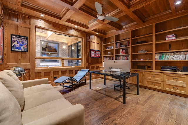office space featuring beamed ceiling, light hardwood / wood-style flooring, coffered ceiling, and wood walls
