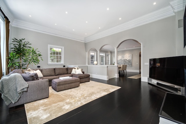 living room with dark wood-type flooring and crown molding
