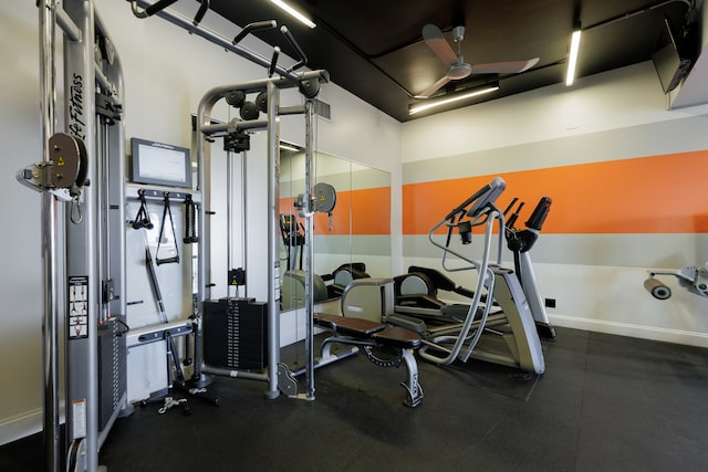 exercise room with ceiling fan